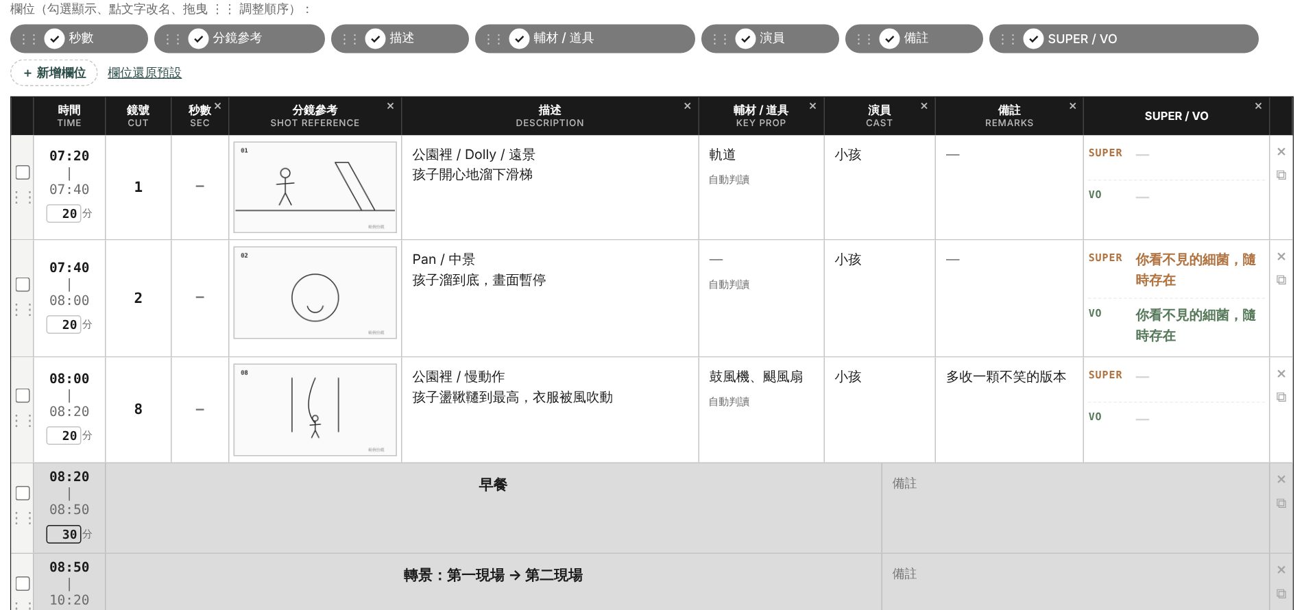時間與每顆鏡頭的長度 畫面示意